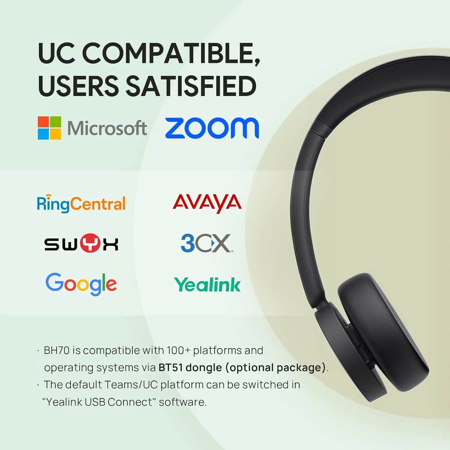 Yealink BH70 Dual (Without Dongle) Wireless Headset with Mic for Work, 164ft Bluetooth Headsets Teams UC Compatible, 35h Talk Life, 147g Lightweight Comfort, Perfect for Open Office Home Hybrid Work
