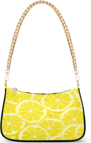 Yellow Lemon Shoulder Handbags for Women Travel Hobo Tote Handbag Women Gold Chain Shoulder Bags Purse with Zipper Closure