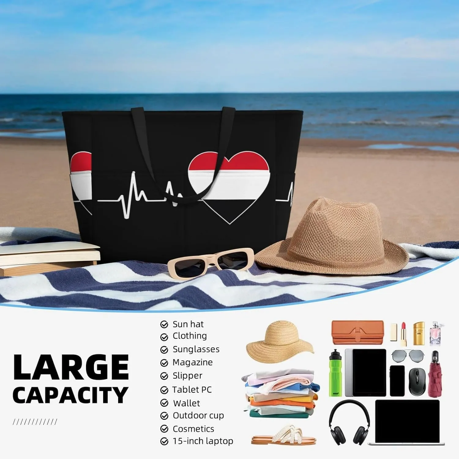 Yemenian Flag Emblem Women Large Beach Bag Travel Weekender Foldable Tote Bag for Pool Beach Vacation Gym