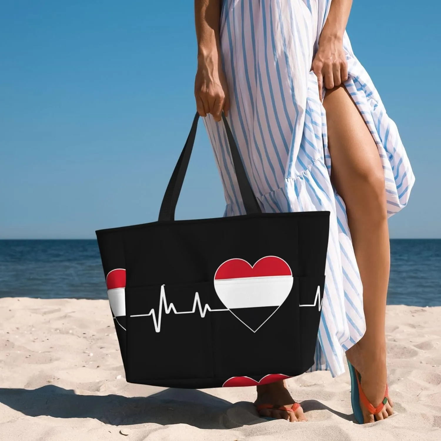 Yemenian Flag Emblem Women Large Beach Bag Travel Weekender Foldable Tote Bag for Pool Beach Vacation Gym