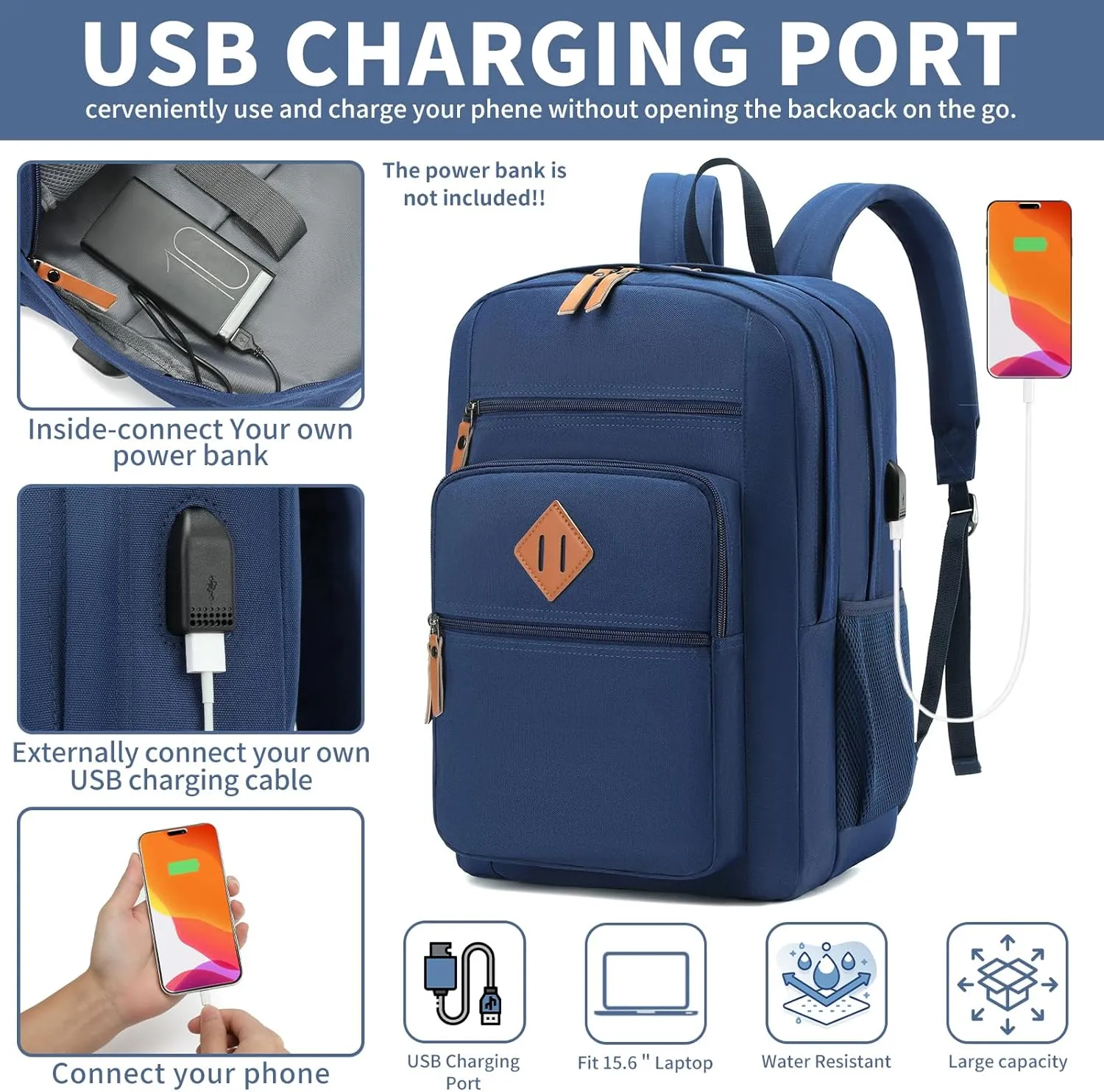 YGR Classic Carry-on Travel Backpack for Men and Women, Anti Theft Laptop Backpack with USB Charging Port for Work, Large Computer Backpack for College, Water Resistant, Outdoor Sports, Work, Blue