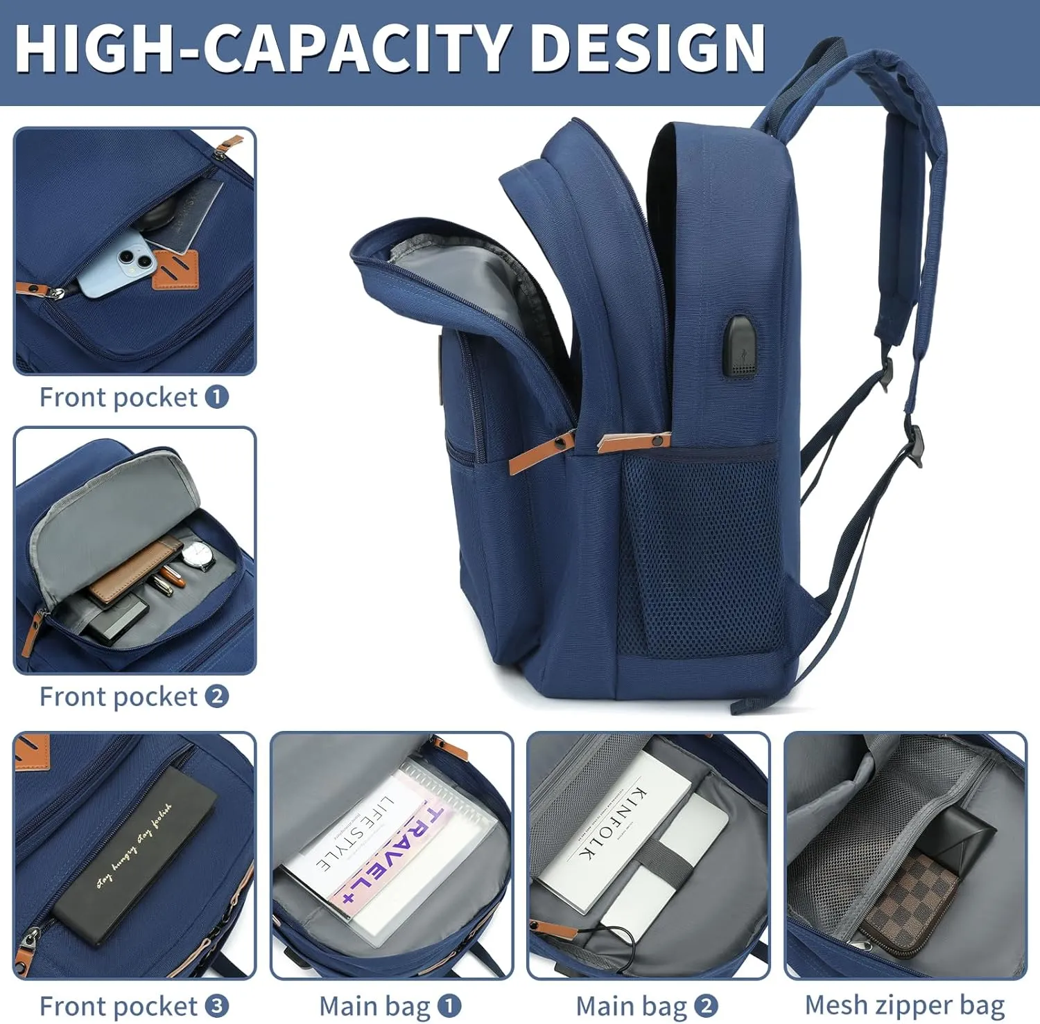 YGR Classic Carry-on Travel Backpack for Men and Women, Anti Theft Laptop Backpack with USB Charging Port for Work, Large Computer Backpack for College, Water Resistant, Outdoor Sports, Work, Blue