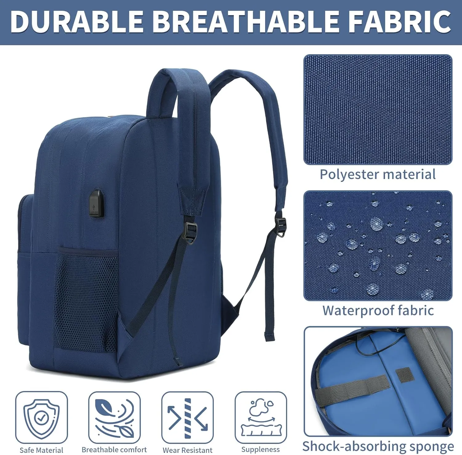 YGR Classic Carry-on Travel Backpack for Men and Women, Anti Theft Laptop Backpack with USB Charging Port for Work, Large Computer Backpack for College, Water Resistant, Outdoor Sports, Work, Blue