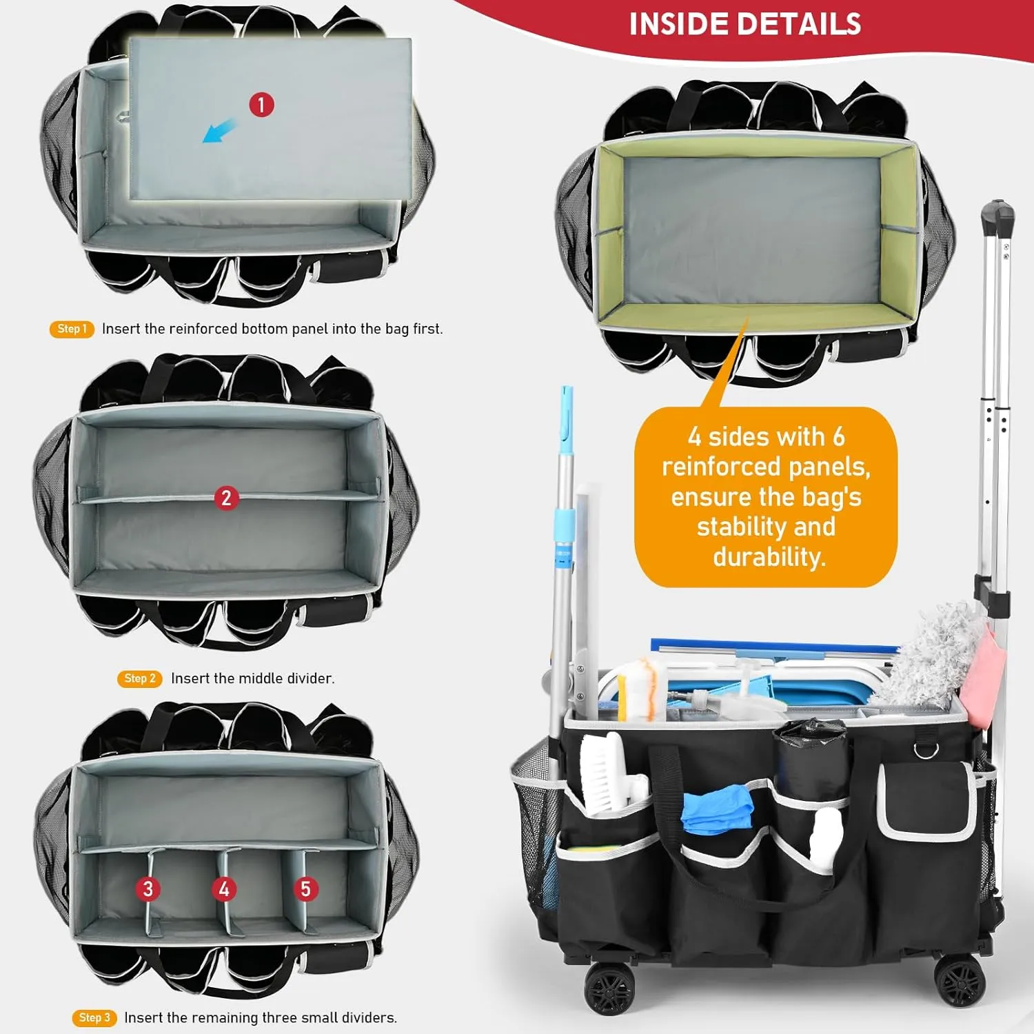 yookee home Cleaning Caddy for Cleaning Supplies Organizer Cleaning Carts on Wheels Cleaner Caddy for Cleaning Products Cleaning Tools Organizer Rolling Cleaning Bag for Housekeepers